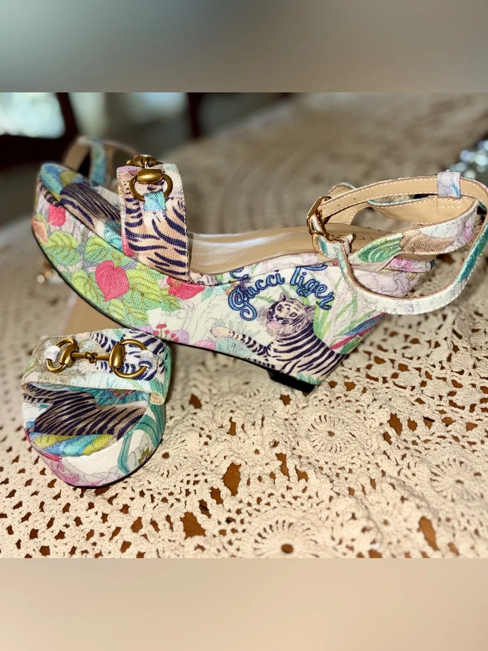 Gucci Floral Tiger Print Platform Wedges with Horsebit Detail